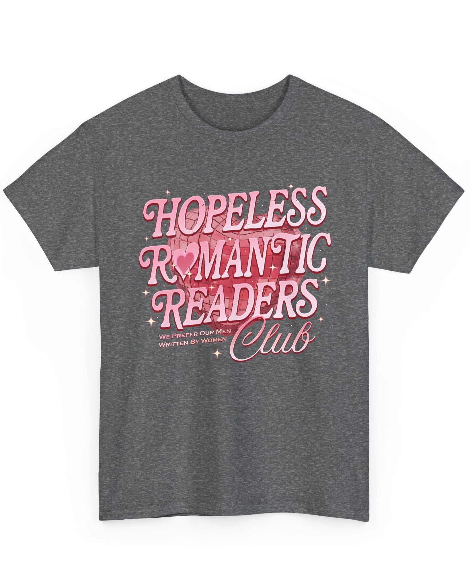 Gray t-shirt with pink text 'Hopeless Romantic Readers Club' on a white background