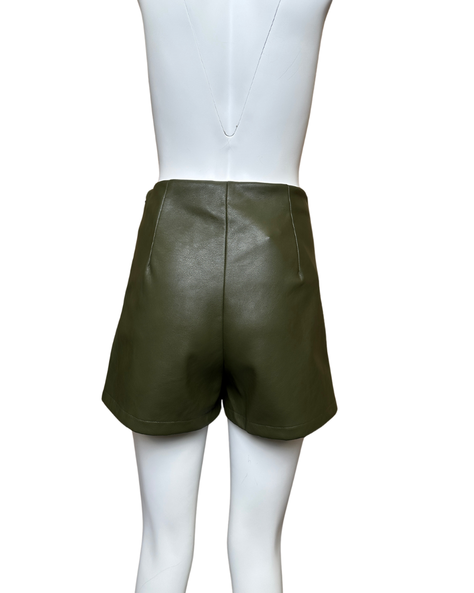 Studded Stretch Faux Leather Wrap Skort in Olive - Blackbird Boutique