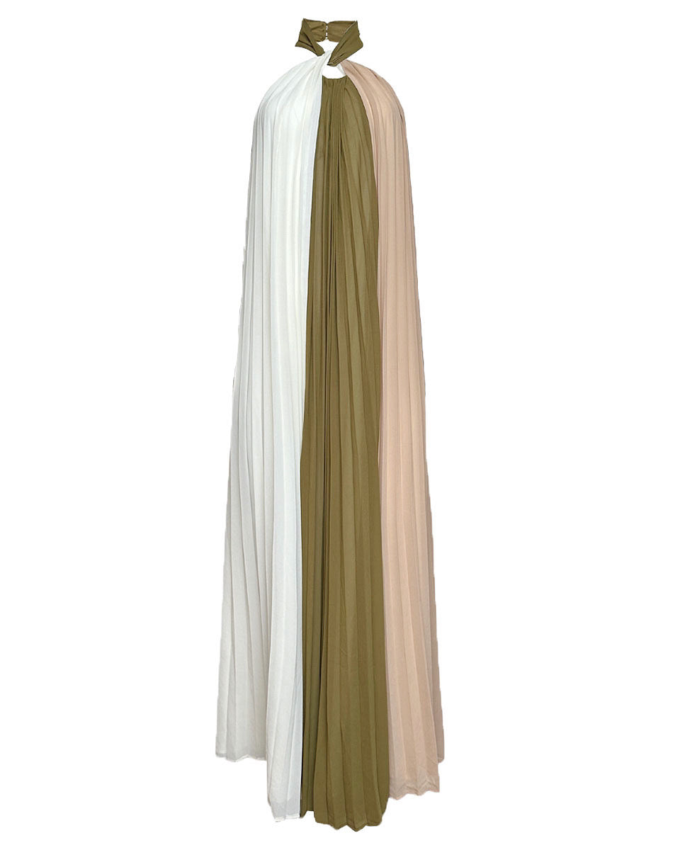 PLEATED HALTER MAXI DRESS IN OLIVE MULTI - Blackbird Boutique