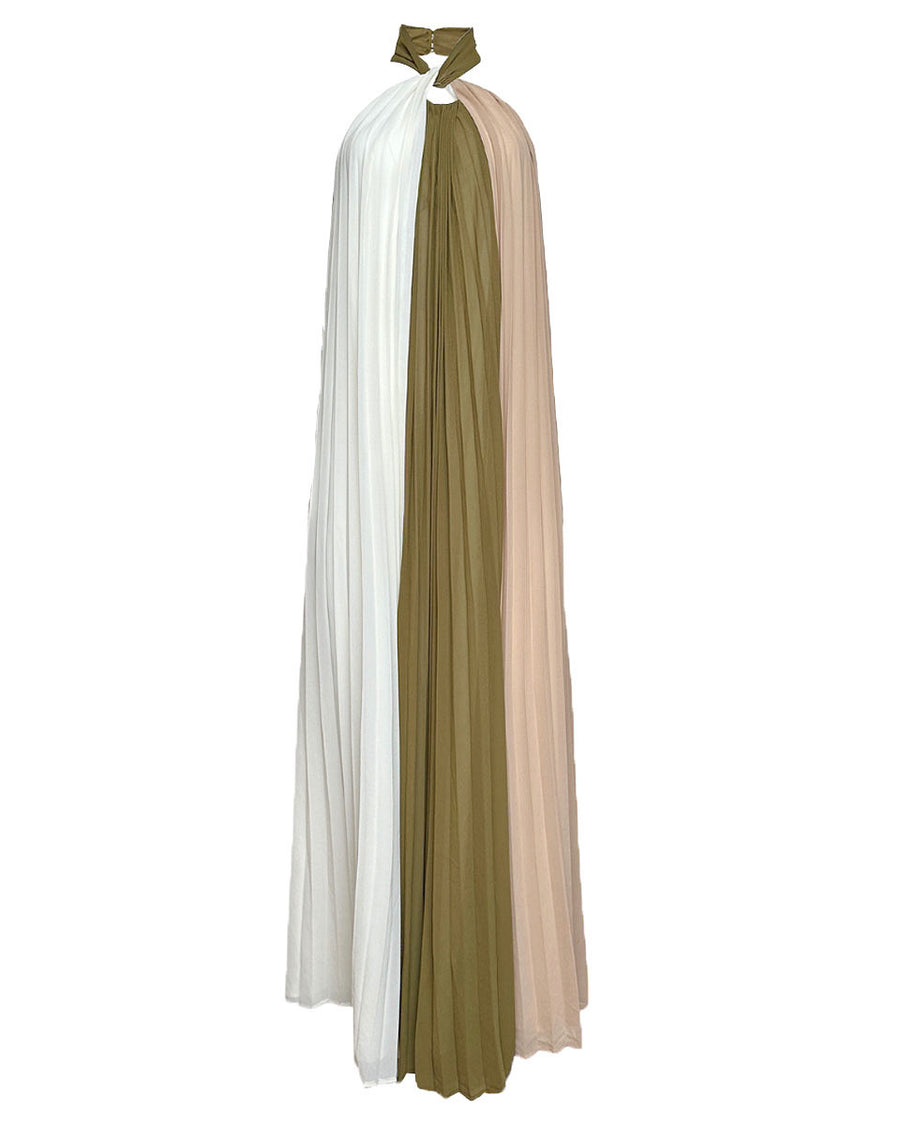 PLEATED HALTER MAXI DRESS IN OLIVE MULTI