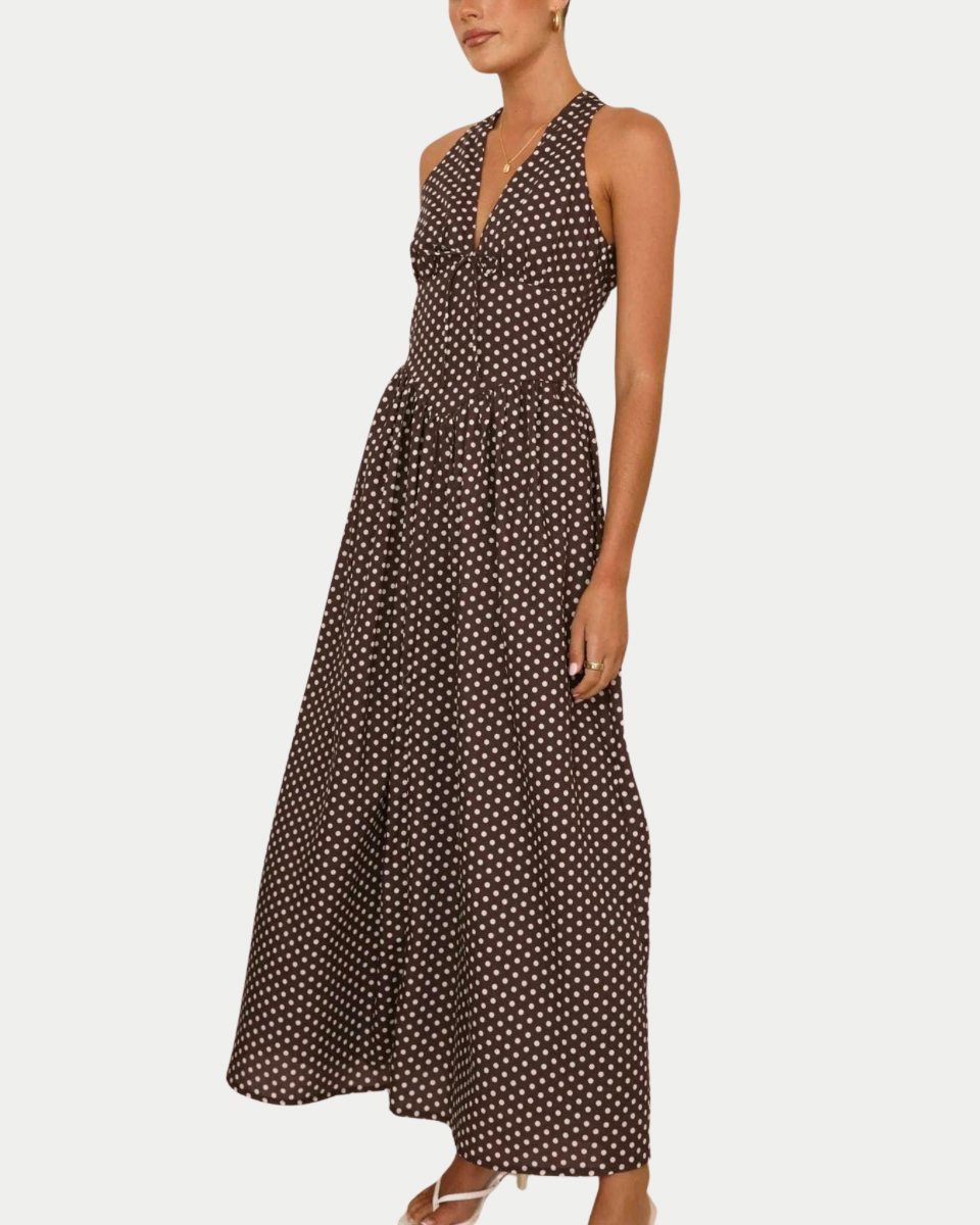 Vivian Dark Brown Polka Dot Halter Dress - Blackbird Boutique