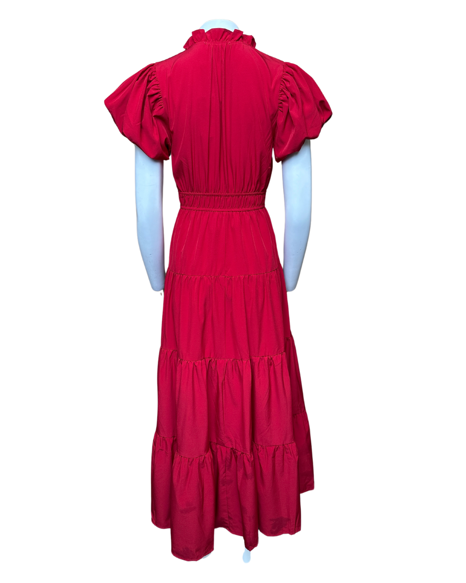 Tiered Midi Dress with Bubble Sleeves in Burgundy