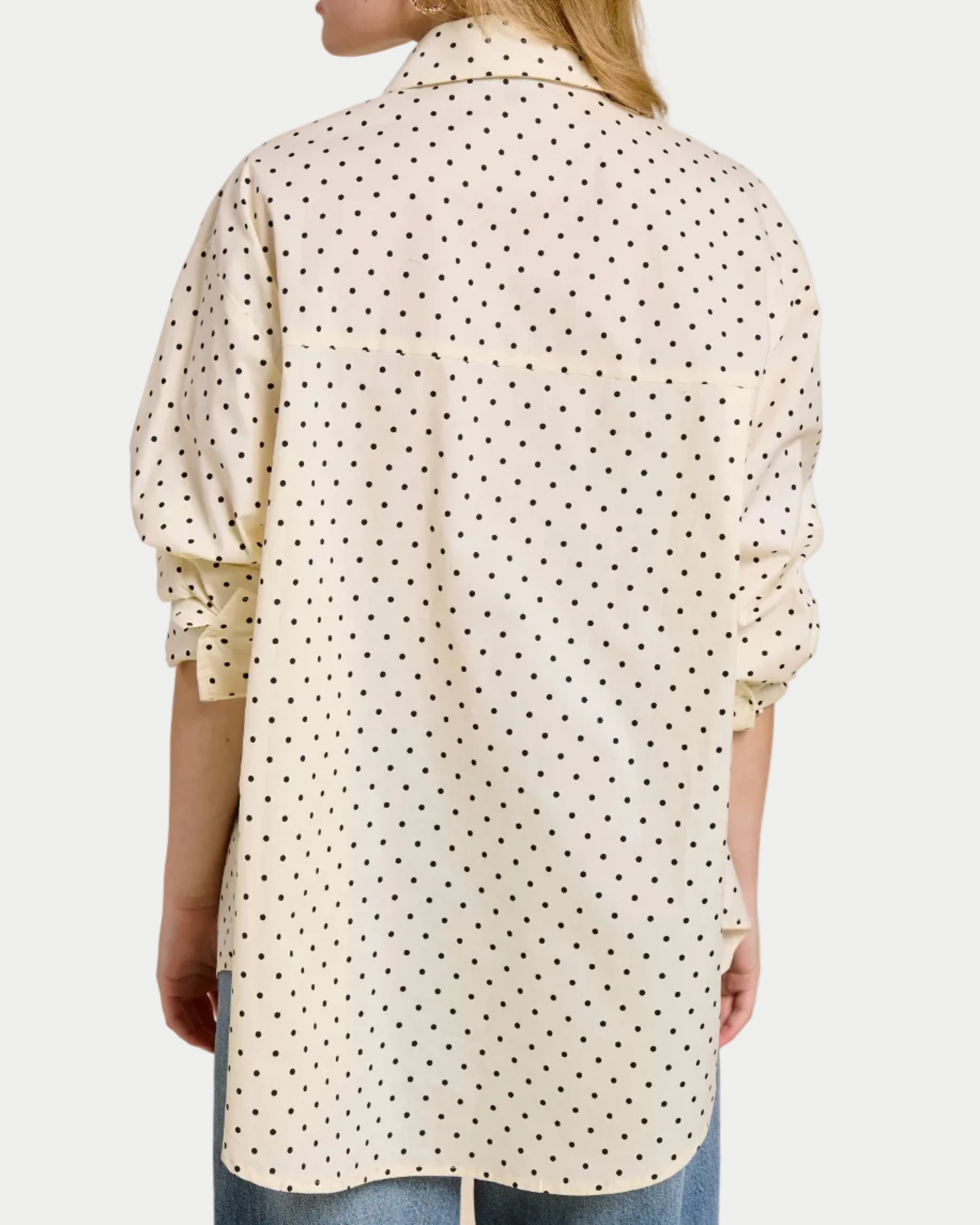 Polka Dot Oversized Button Down Shirt  back view on a model with a white background