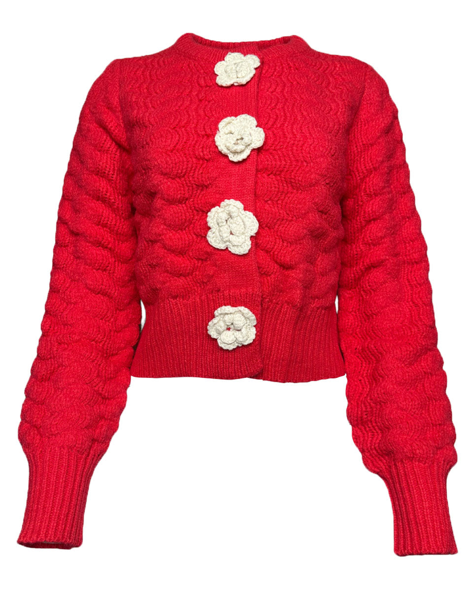 Textured Sweater Cardigan with Knit Rosette Detail in Red