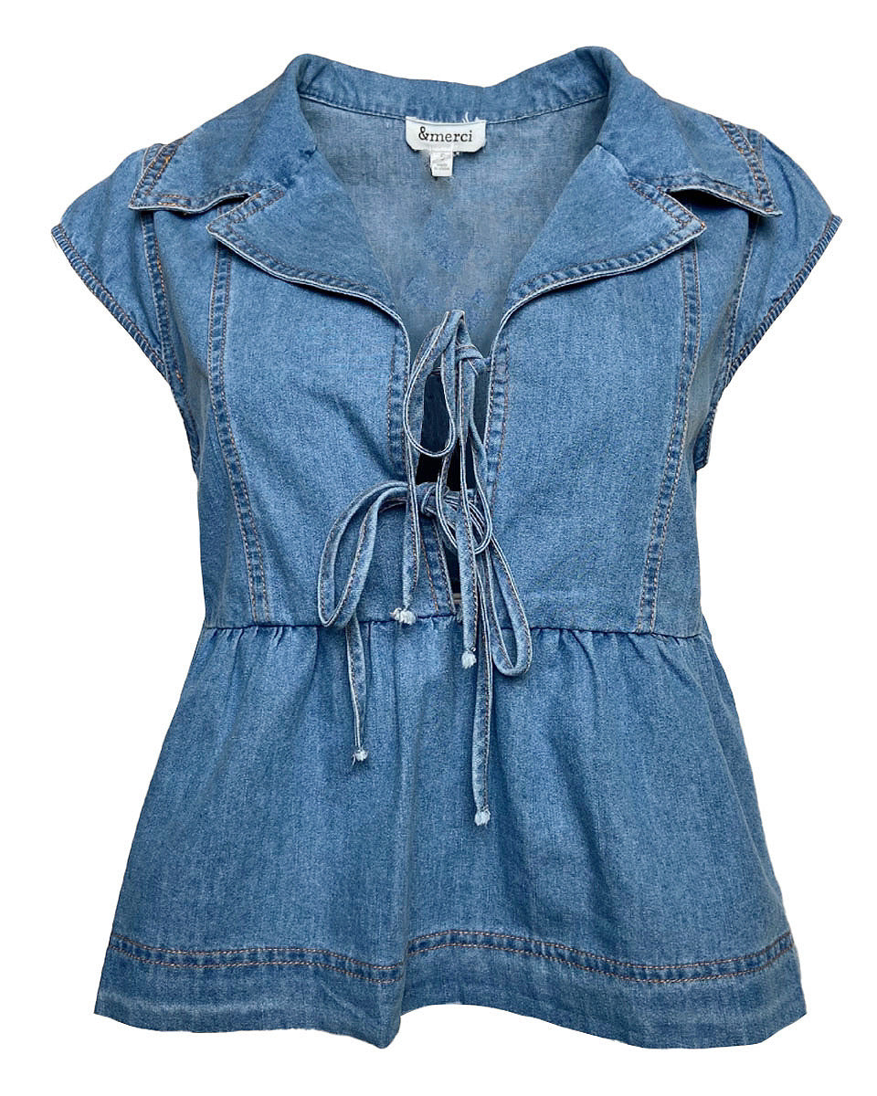 Front Tie Cap Sleeve Top in Blue Denim - Blackbird Boutique