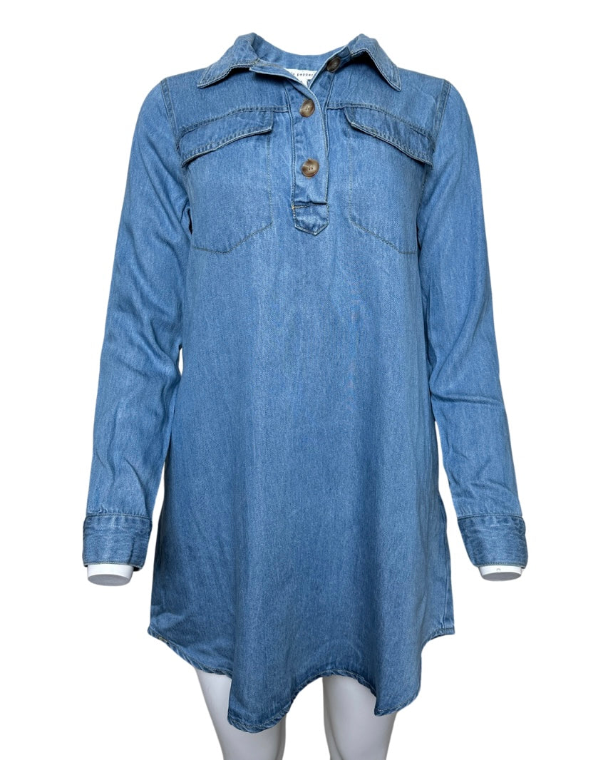 CHAMBRAY COLLARED LONG SLEEVE MINI SHIRT DRESS - Blackbird Boutique