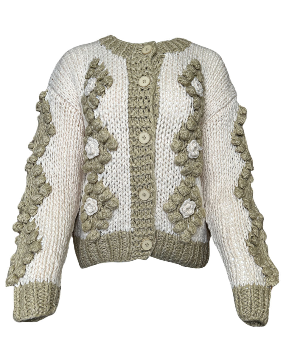 FLOWER DETAIL TUFTED DOT HAND CROCHET CARDIGAN - TAUPE