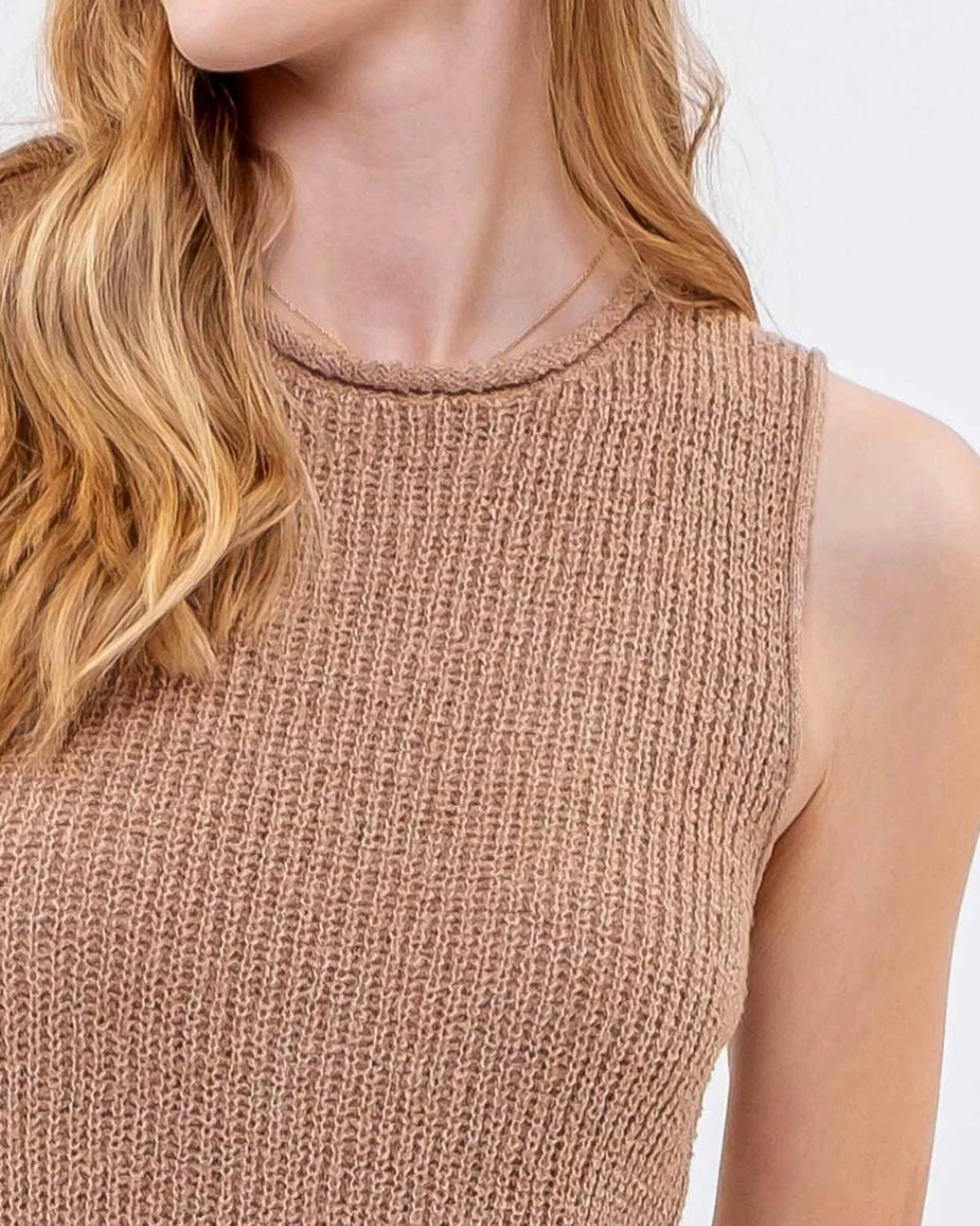 Crochet Sweater Knit Tank Top With Laced Detail Back in Tan