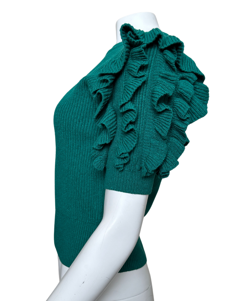 RUFFLE DETAIL PULL ON SWEATER - PINE GREEN