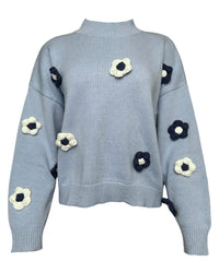 Mock Neck Floral Knit Sweater in Baby Blue