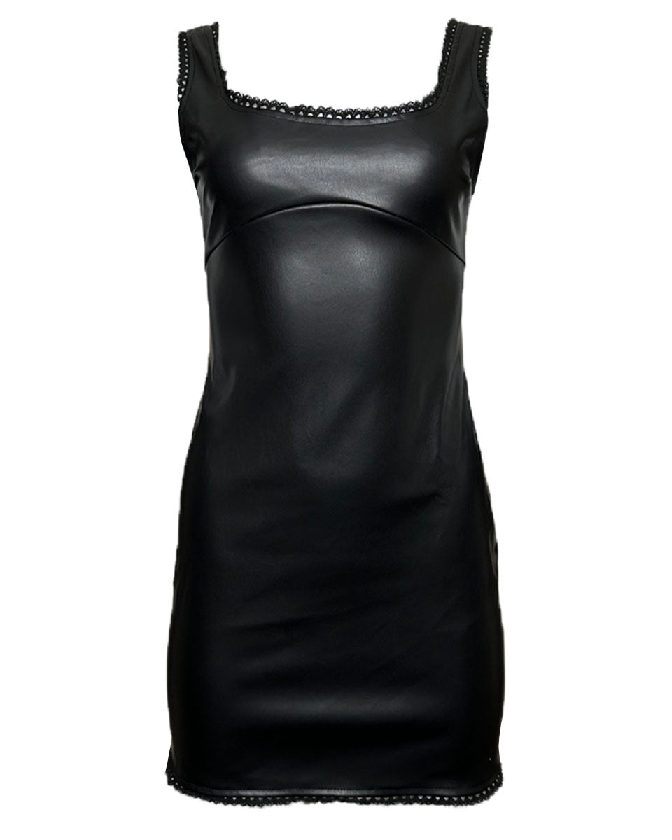 LACE TRIM FAUX LEATHER FITTED BODYCON DRESS