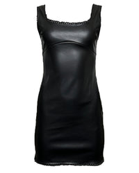 LACE TRIM FAUX LEATHER FITTED BODYCON DRESS