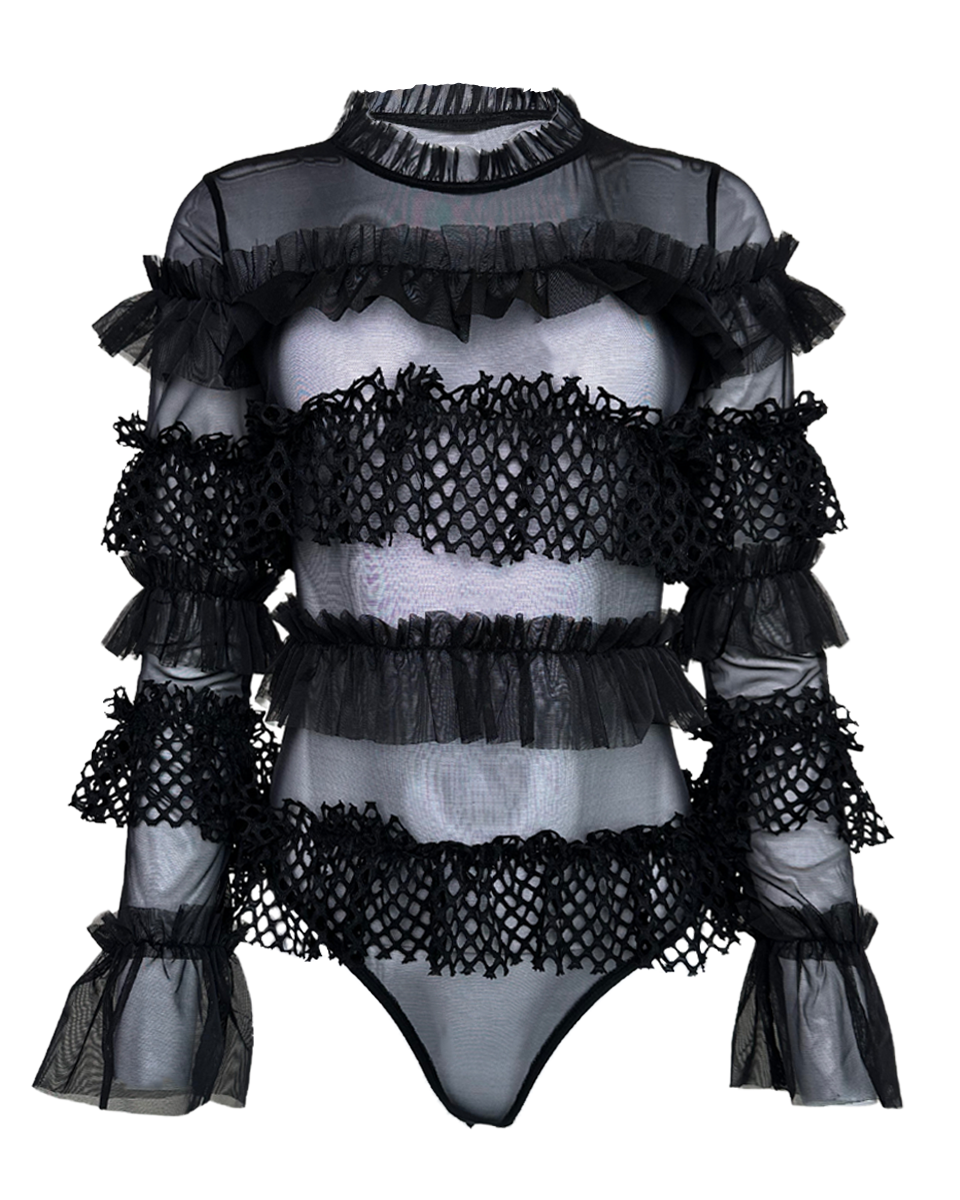 Sheer Mesh Lace Tiered Bodysuit