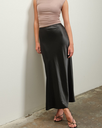 SATIN SLIP MIDI SKIRT - BLACK