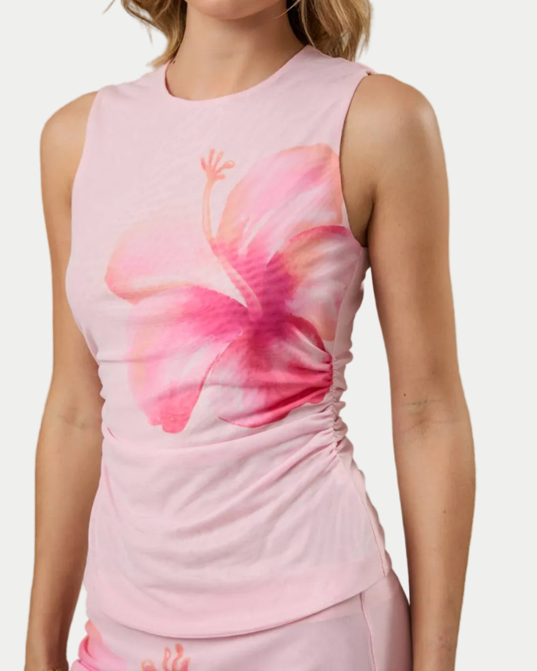 ROUND NECK SLEEVELESS FLOWER PRINT MESH TOP - Blackbird Boutique