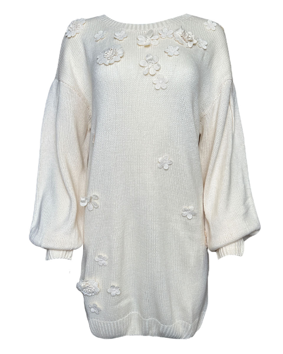 Floral Applique Relaxed Fit Sweater Mini Dress in Cream