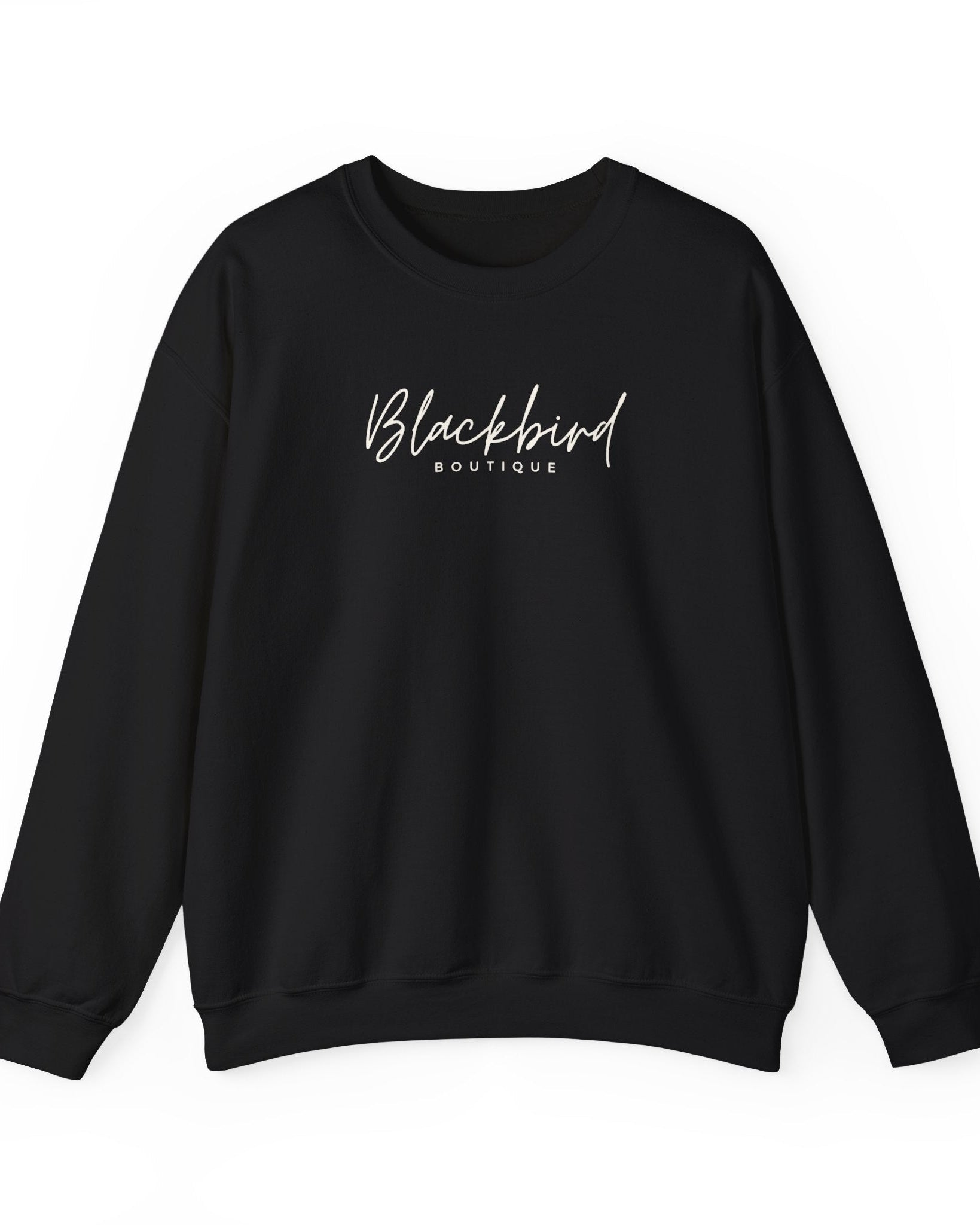 Black sweatshirt with 'Blackbird Boutique' text on a white background