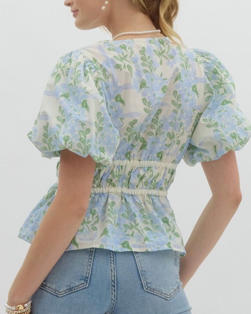 Floral Tie Front Top in Cream/Blue