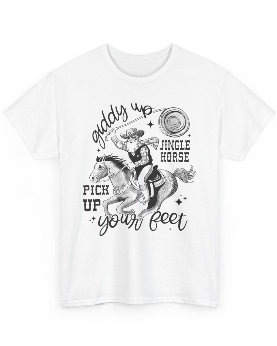 White t-shirt with black graphic design of a cowboy on a horse and text.