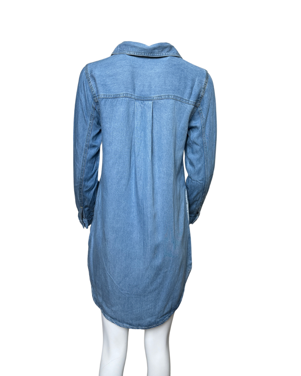 CHAMBRAY COLLARED LONG SLEEVE MINI SHIRT DRESS - Blackbird Boutique