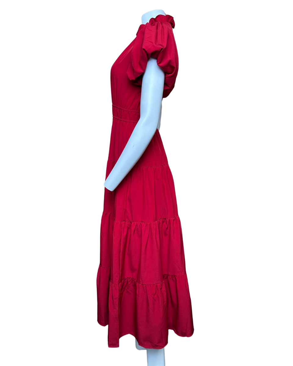 Tiered Midi Dress with Bubble Sleeves in Burgundy