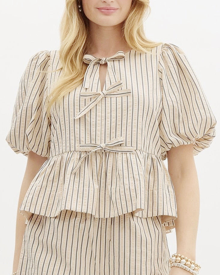 Striped Bubble Sleeve Babydoll Top in Ecru - Blackbird Boutique