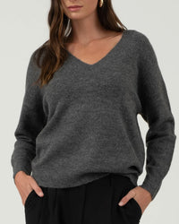 Solid V-Neck Drop Shoulder Knit Sweater in Charcoal