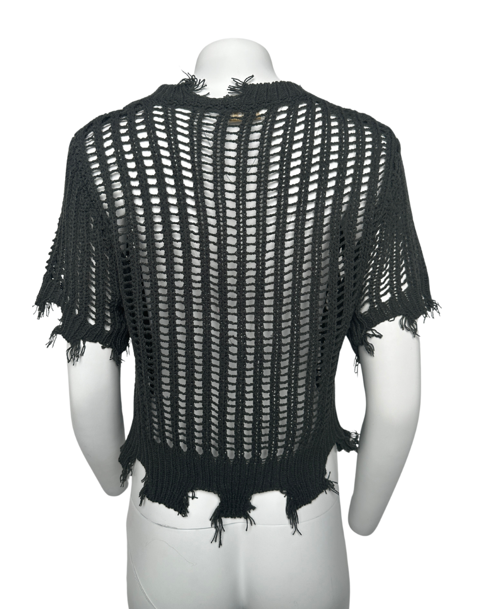 Charcoal Distressed Open Weave Top - Blackbird Boutique
