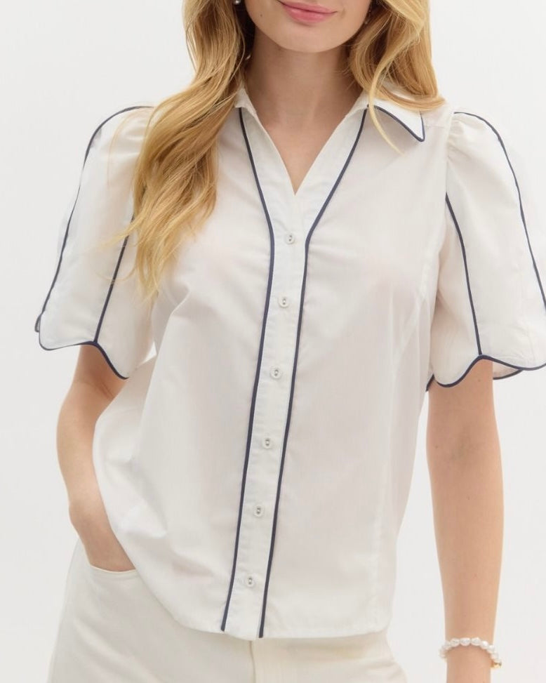 Solid Collared Button Down with Accented Contrast Piping in White - Blackbird Boutique