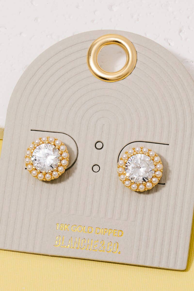 Gold Dipped Pearl Halo Set Cz Stud Earrings - Blackbird Boutique
