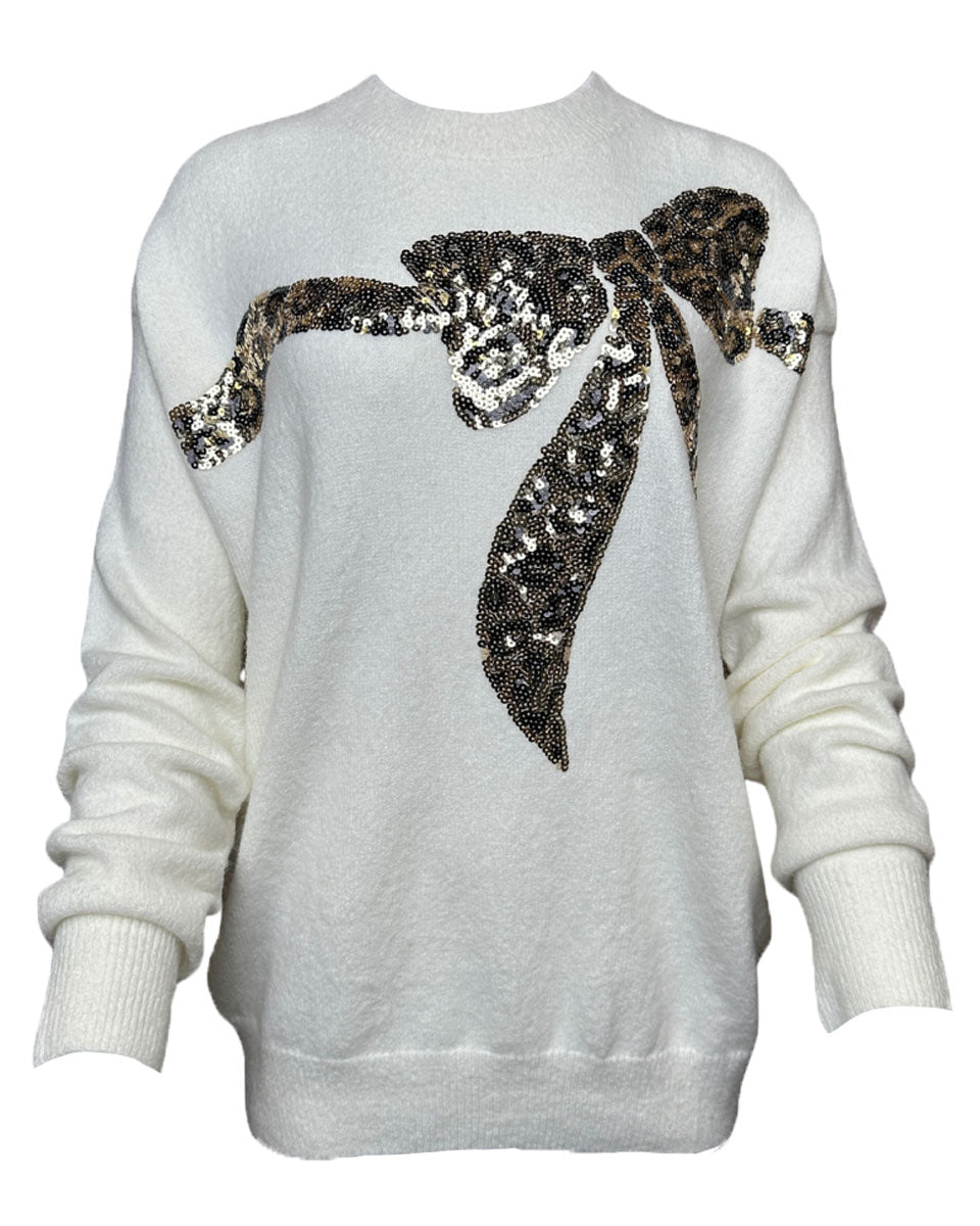 Animal Print Bow Sequin Detail Sweater in Cream - Blackbird Boutique