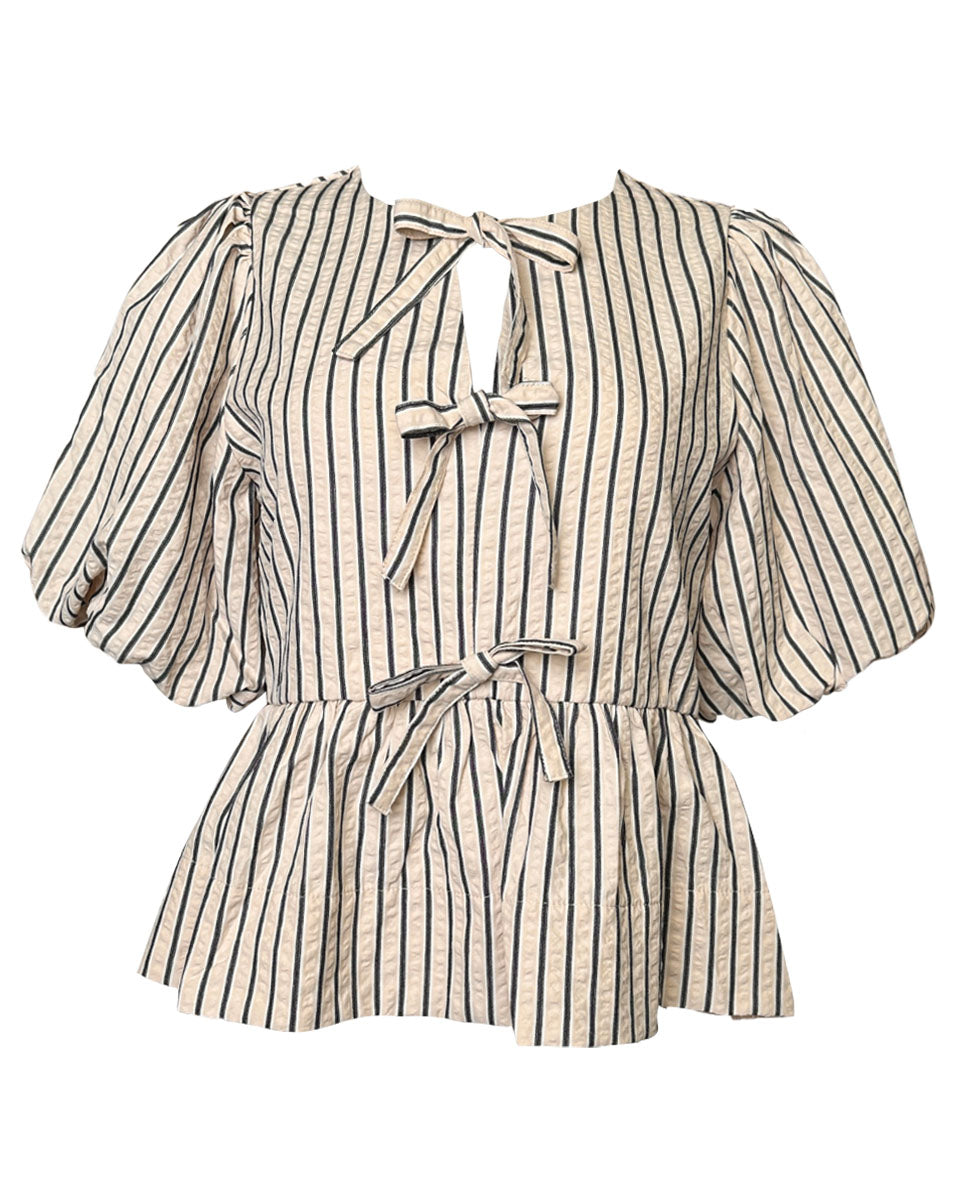 Striped Bubble Sleeve Babydoll Top in Ecru