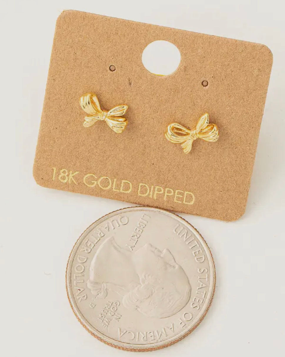 Gold Dipped Mini Ribbon Bow Stud Earrings - Blackbird Boutique