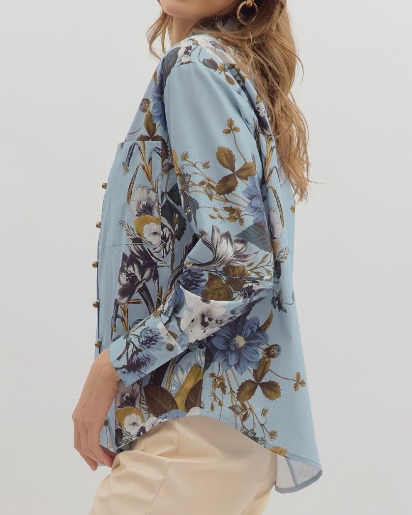 Cotton Top With Floral Accent Long Sleeves - Blackbird Boutique