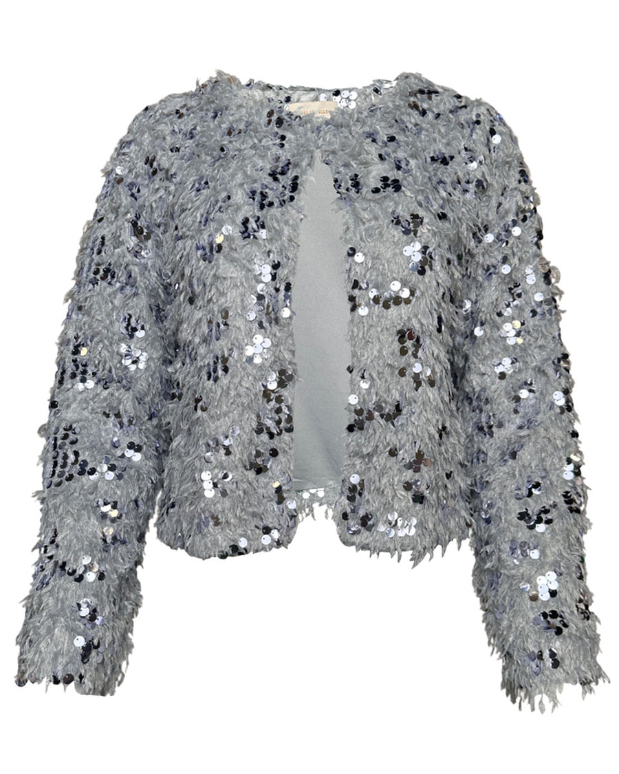 Feathered Sequin Cardigan in Silver - Blackbird Boutique