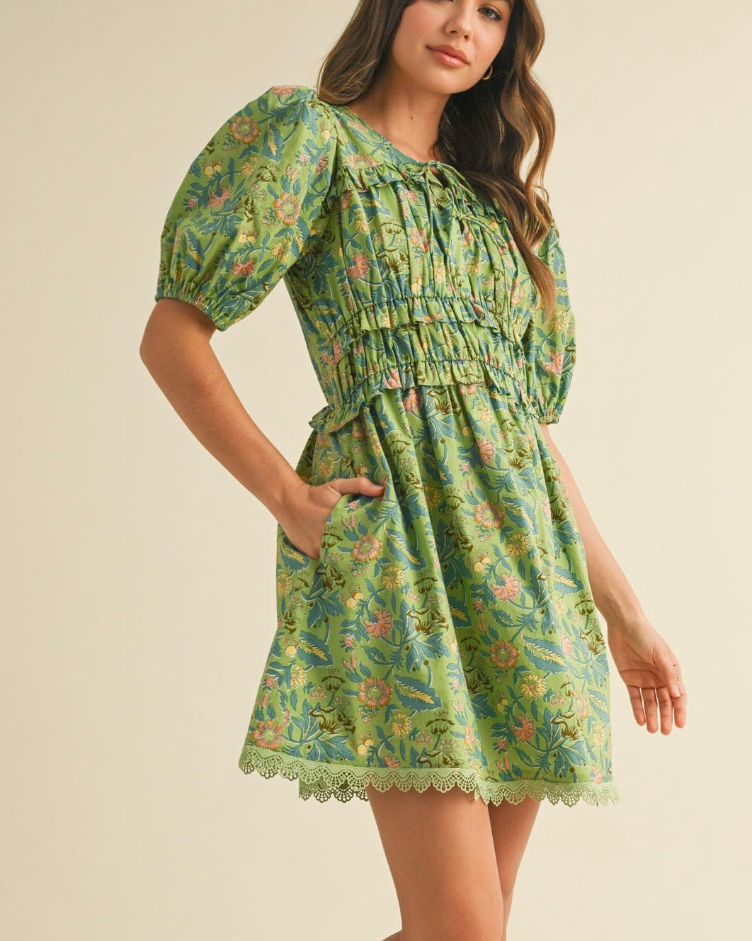 Multi Floral Dress is Sage/Olive