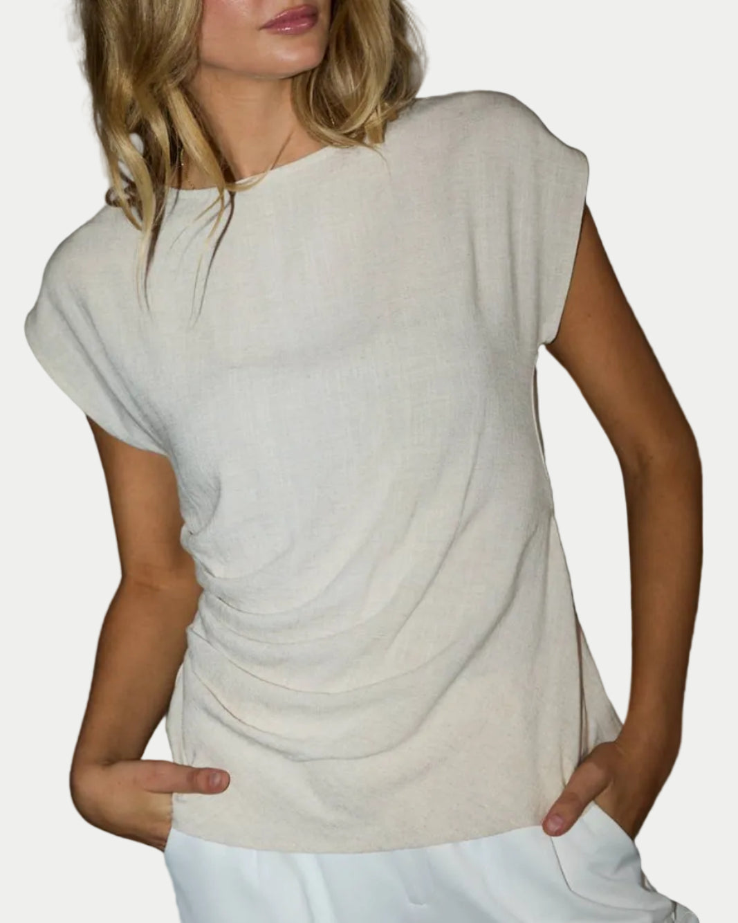 ROUND NECK SHORT SLEEVE WAIST SHIRRING DETAIL TOP - Blackbird Boutique