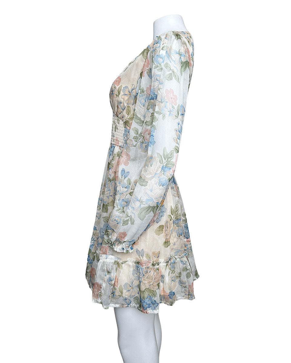 V-NECK FRENCH FLORAL PRINT LONG SLEEVE DRESS