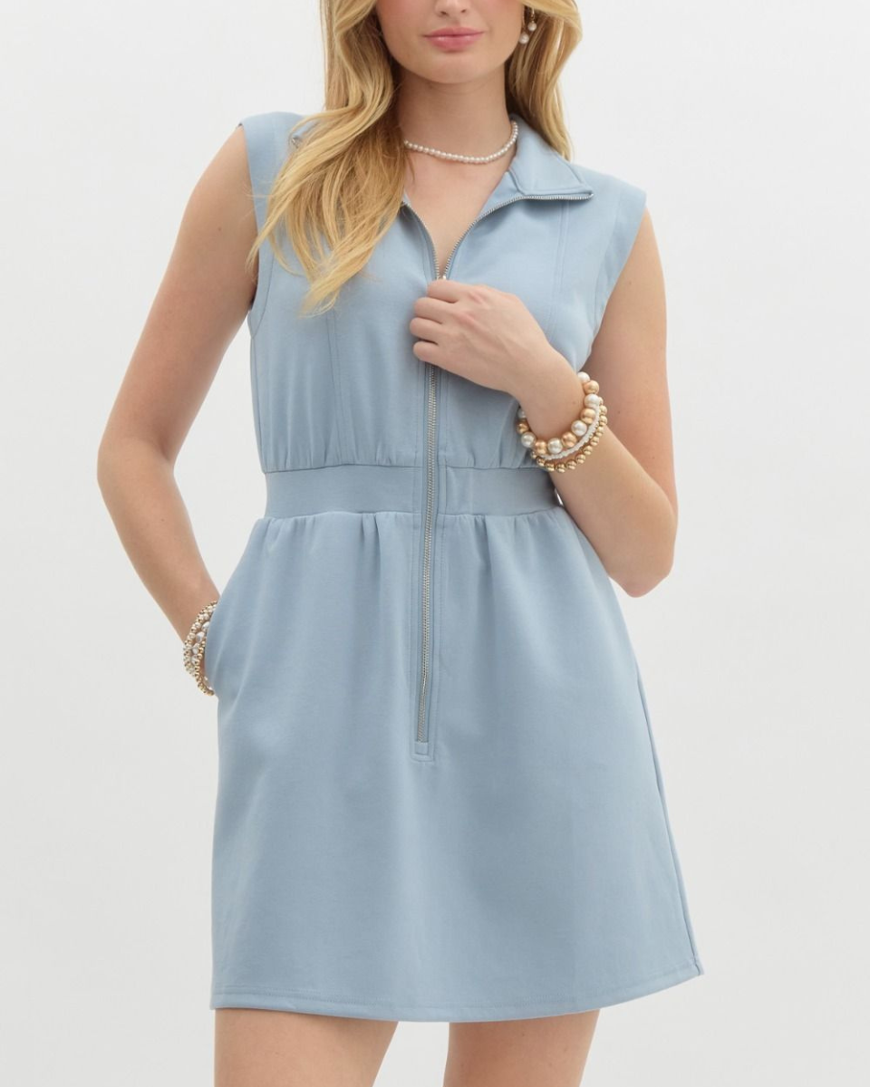 Solid Sleeveless Zip-Up Mini Dress in Chambray - Blackbird Boutique