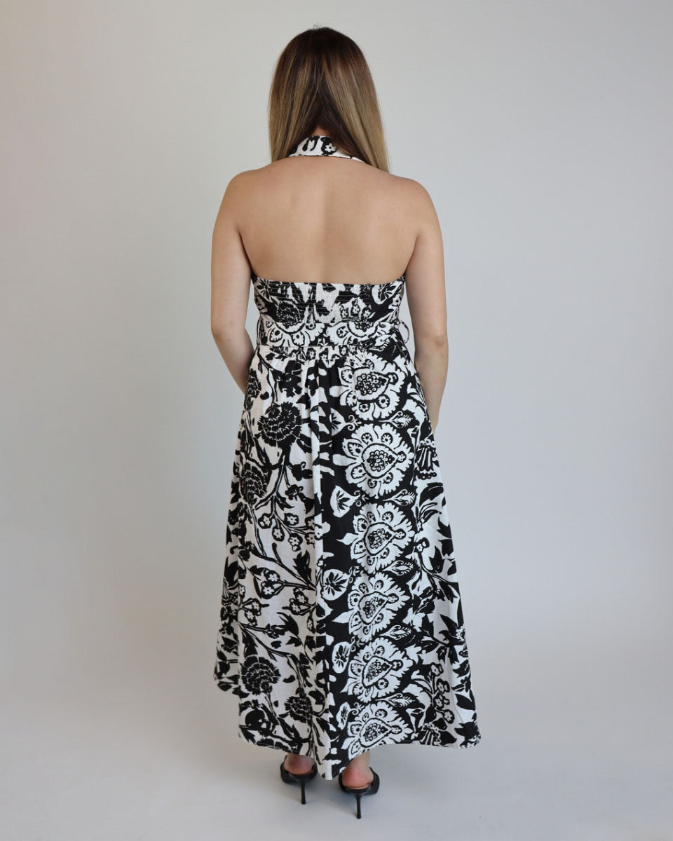 Black and White Floral Halter Maxi Dress - Blackbird Boutique