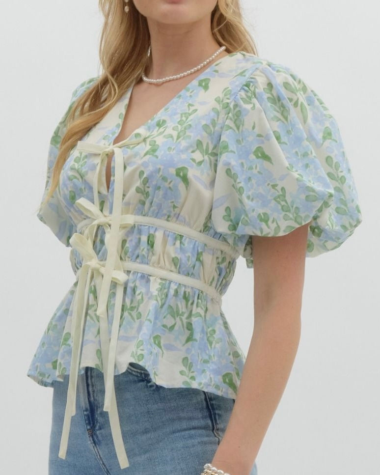 Floral Tie Front Top in Cream/Blue