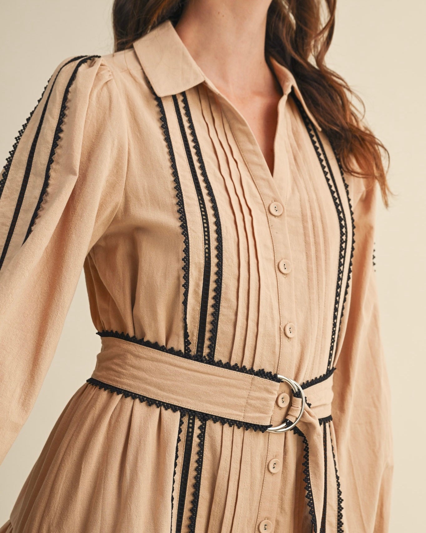 Long Sleeve Shirt Mini Dress in Tan and Black