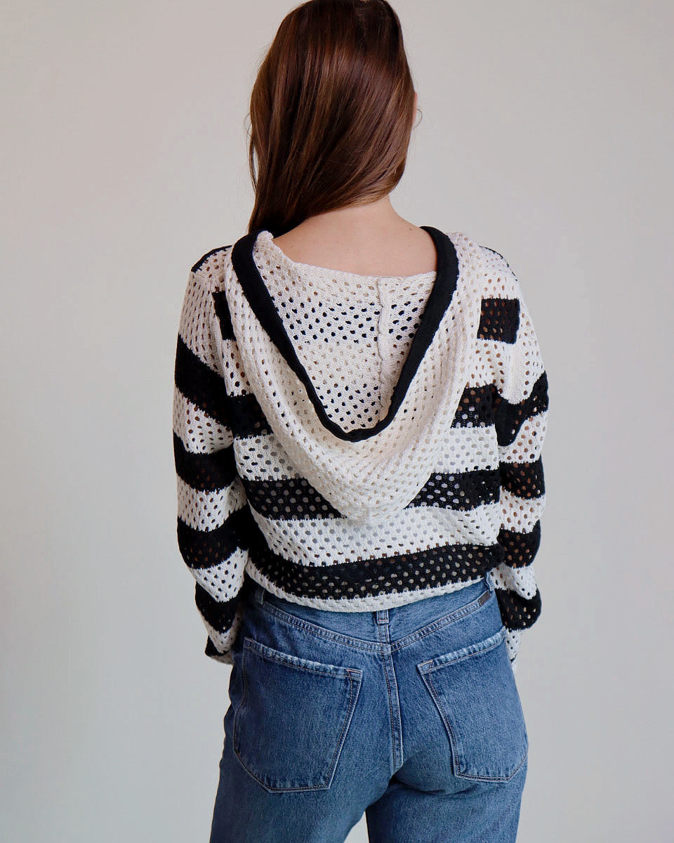 Open Knit Striped Hooded Sweater - Blackbird Boutique