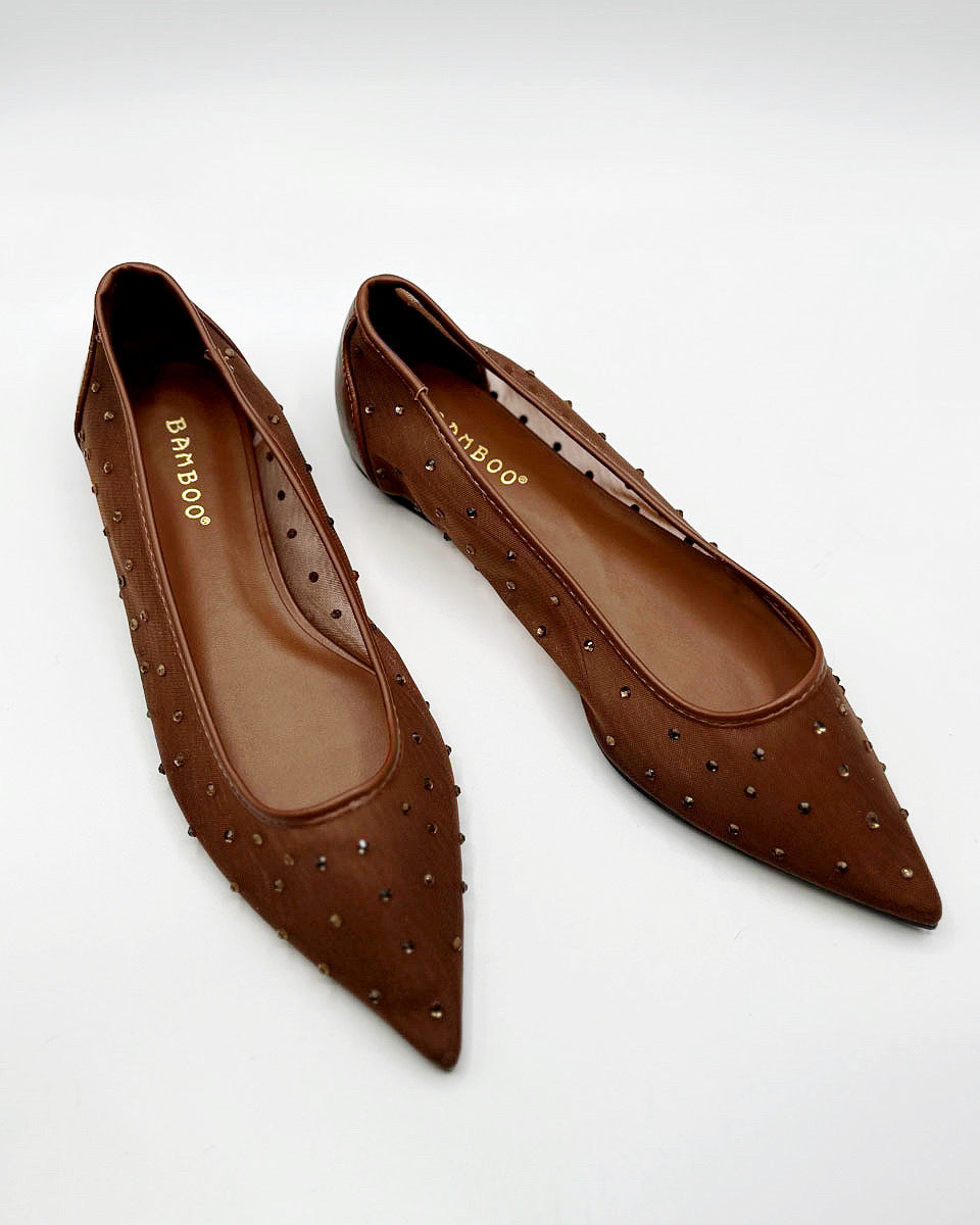 POINTED TOE RHINESTONE MESH FLATS IN BROWN - Blackbird Boutique