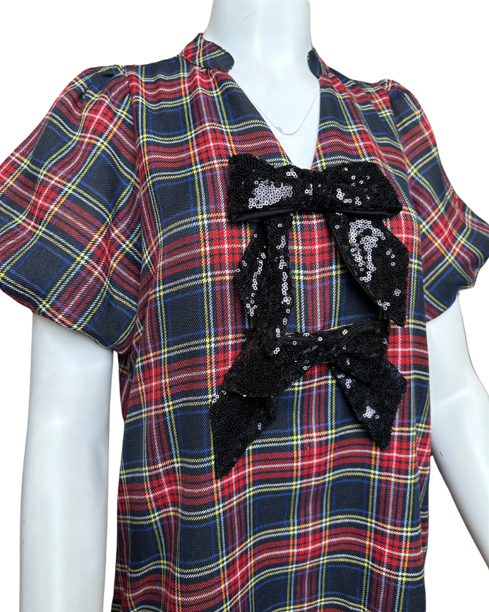 Plaid Sparkle Bow Dress in Navy - Blackbird Boutique