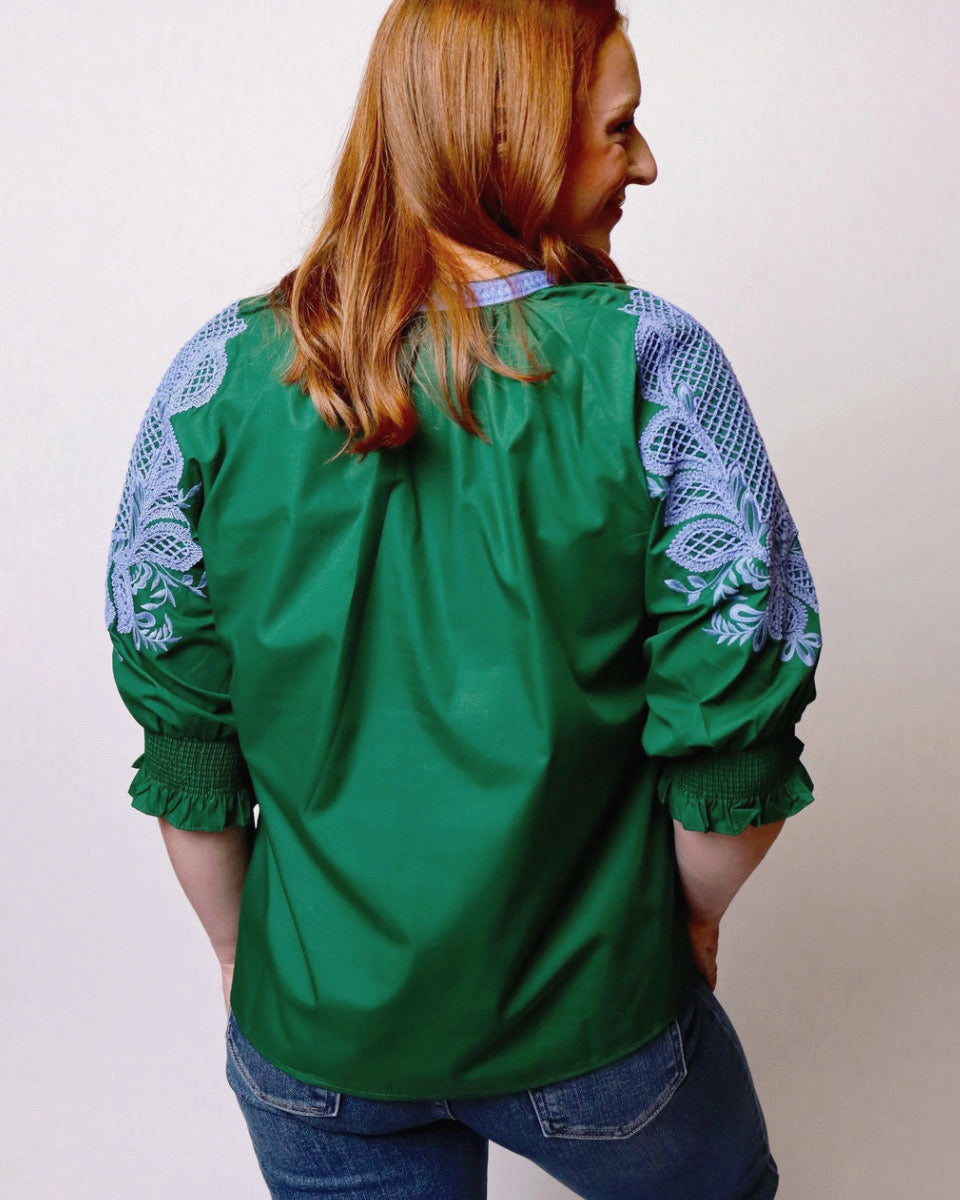 Ariel Embroidered 3/4 Sleeve Top in Hunter Green