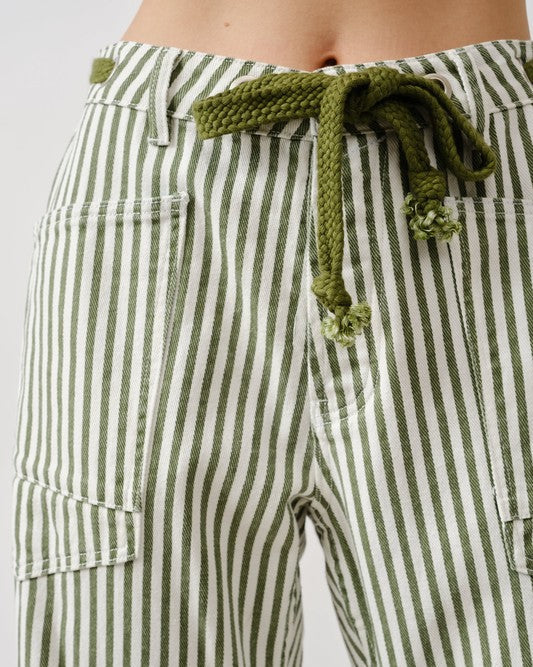 Green and white striped pants with a rope tie on a white background