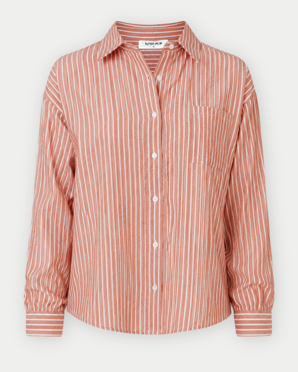 Striped Button-Up Collared Long Sleeve Shirt in Brick