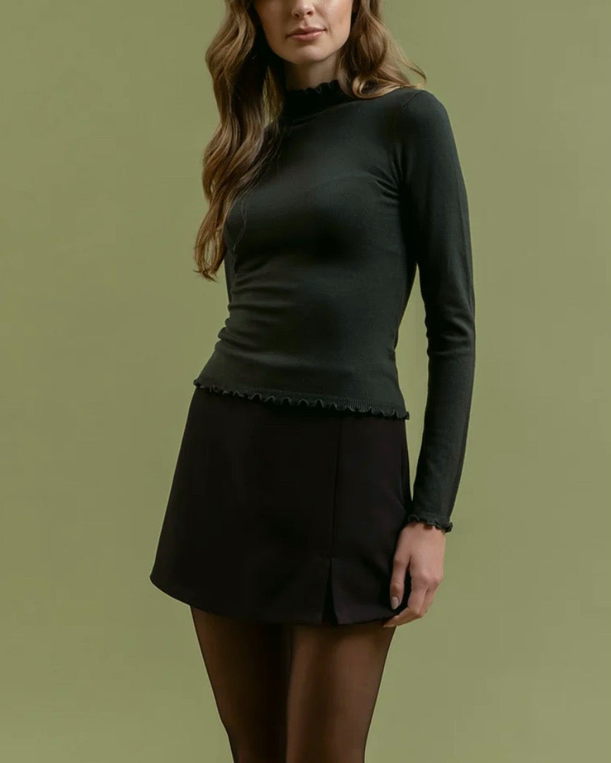 Lettuce Trim Mock Neck Knit Top in Hunter Green - Blackbird Boutique