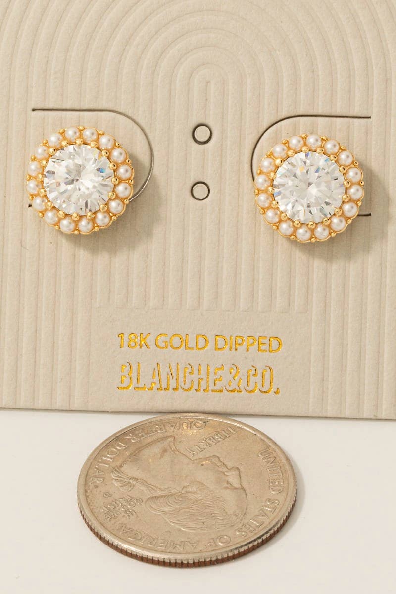 Gold Dipped Pearl Halo Set Cz Stud Earrings - Blackbird Boutique